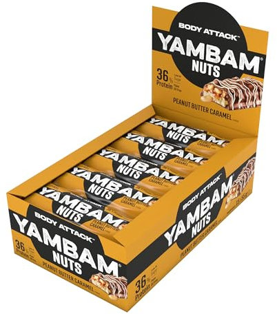 Body Attack YAMBAM NUTS Peanut Butter Caramel, 15 x 55g, Proteinriegel mit mehr als 30% Eiweiß, Fitness-Riegel ohne Zuckerzusatz und ohne Aspartam
