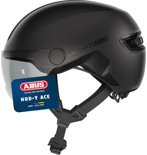 ABUS Stadthelm HUD-Y ACE - stylischer Fahrradhelm mit Visier und magnetischem, aufladbarem LED-Rücklicht - für Damen und Herren - Schwarz, Größe L