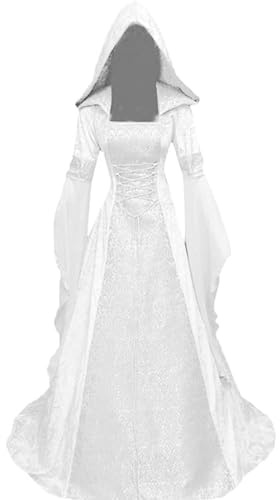 jakloz Costume di Halloween da donna medievale rinascimentale con cappuccio, vestito gotico, costume vittoriano, carnevale, costume cosplay (bianco, M)