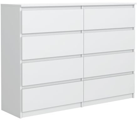 MebLocker Comoda con 8 Cajones - 138,5x101,5x39 cm - Sinfonier para el Dormitorio y el Salón - Armario Espacioso con Cajones de Diseño Moderno - Blanco