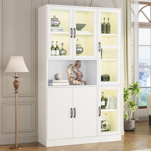 Rtopsu Vetrina Espositiva in Acryl Bianco con Illuminazione a LED a 16 Colori per Collezionismo, Vetrina con 6 Ante e Ripiani Mobili, Libreria Armadio Alto per Soggiorno Camera da Letto, 200x120x40 cm