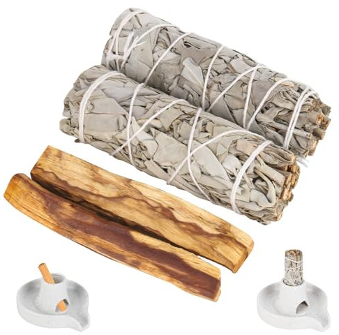 2 Weißer Salbei und 2 Palo Santo Premium Kalifornischer, 100% kontrollierte und nachhaltige Ernte, Beseitigt Negative Energien, für spirituelle und energetische Rituale