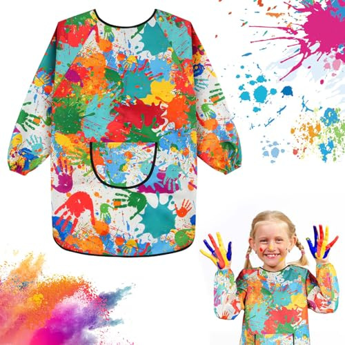 Ainiv Grembiule da Pittura Bambini, Grembiulino Impermeabile Scuola Maniche Lunghe con Tasche, Grembiule Pittura per 7-16 Anni Bambino Bambina, per Dipingere Scuola Asilo Cucina Casa
