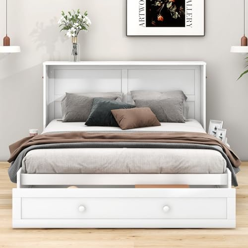 Cama abatible móvil de 140 x 200 con cajones en el Extremo de la Cama y una pequeña estantería en el Lateral, Camas con Plataforma Convertibles, Blanco.