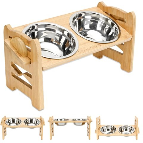 Raised dog Bowl, elevated dog bowls 6-Level Adjustable, Bamboo Dog Feeding Station, 2 Stainless Steel Pet Bowl, dog bowls with stand for Dog and cat Feeders (Bamboo, For small dogs)