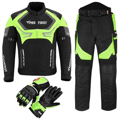 Motorcycle Motorbike suits for men 2 piece Motorcycle waterproof Cordura Fabric Suit Motorbike Jacket Trouser & Gloves Fully Protective Set for Bikers - All Weather (Green, L)