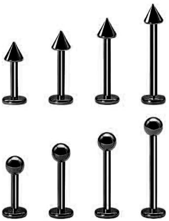 Jewel Barrel 8pcs Labret Piercing Bars Lip Studs Jewellery for Helix, Monroe, Vertical Flat Back Earrings | 16G (1.2mm) Surgical Steel | 6 | 8 | 10 | 12mm Length with Ball & Cone Ends (Black)