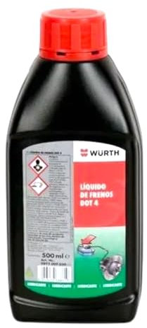 Líquido de Frenos Dot 4 Wurth, 500ml, Fluido Sistema Hidráulico de Frenos, Coche Moto Kart maquinaria Agricola e Industrial