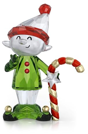 Swarovski Holiday Cheers Dulcis Elf and Candy Cane Figurine, Christmas Motif with Multicoloured Faceted Crystal & Lacquered Metal Accents, Part of the Holiday Cheers Collection