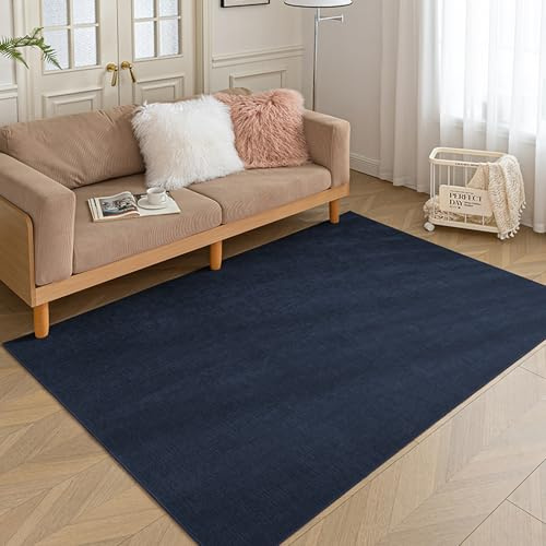 HARESLE Low Pile Rugs Living Room-60x120cm, Non Slip Rugs for Bedroom, Washable Rug-Short Pile, Chenille Stripe, Non-Shedding, Soft Thin Area Rug for Bedside Kitchen Office Lounge Door Mat(Navy Blue)