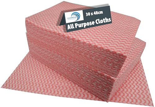 Sanisafe Disposable Cleaning Cloths - All Purpose, Strong & Absorbent Reusable Wipes - Kitchen, Household, Catering Surface Towels - Non Woven Multi Surface Use (Red Wavyline (100 Pack))