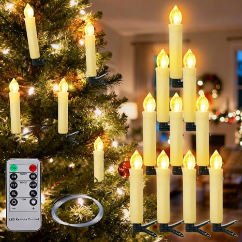 BUOAZR 10 LED Velas para Árbol de Navidad, Velas Cónicas de Batería Parpadeantes sin llama con Control Remoto, Regulables Velas Flotantes, para Navidad Halloween Decor(cálidas)