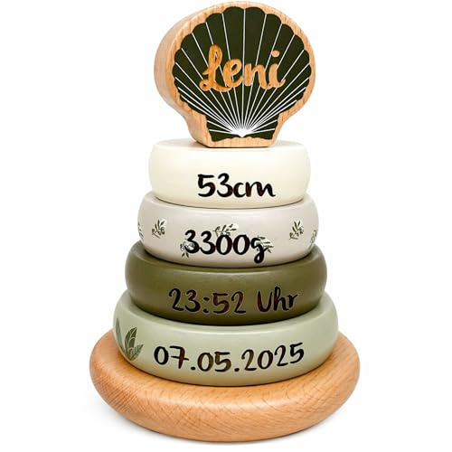 Mainely Personalizable Torre apilable de Madera Olive – fomenta la motricidad Fina & la coordinación – para niños a Partir de 12 Meses – con Nombre y Datos de Nacimiento – Label Label
