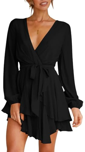 Wenrine Robe de Femme Sexy avec Col en V Profond, Robe de Loisirs A Ligne avec Volants, Mini Robe à Manches Longues, Robe Ceinturée avec Ceinture, Noir , L