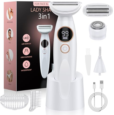 ANYLIV 3 in 1 Bikini Trimmer for Women, Electric Razors for Women with Display, Painless Bikini Trimmer, USB Charging, Electric Shaver for Woman,Shaver for Woman for Face, IPX7 Waterproof,White
