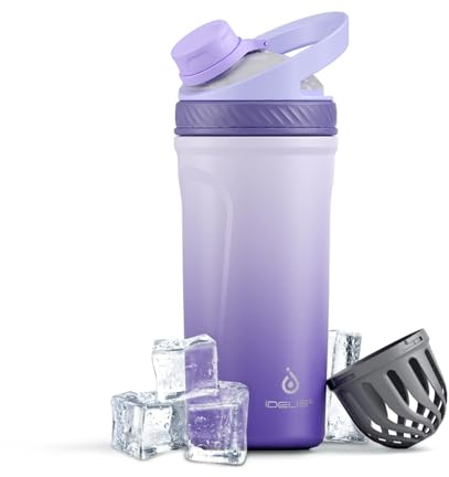 Ideus Protein Shaker Bottle 24oz(710ml) Insulated Stainless Steel Shaker Bottle with Silent Tritan Ball Portable Pre Workout Shaker Cups for Protein Shakes, Smoothies, Cocktails