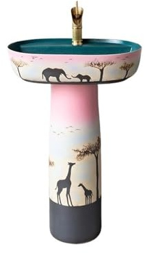 Retrò Lavandino da bagno con piedistallo in ceramica di lusso, rubinetto e scarico, lavabo pavimento decorare(M)