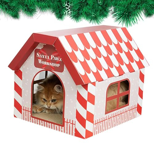 Maison pour Chats en Carton Ondulé, Maison De Chat en Carton Noël, Griffoir pour Noël, Détachable Et Pliable, Accessoires pour Animaux Compagnie D'intérieur pour Chats, 45,5x36,5x35cm