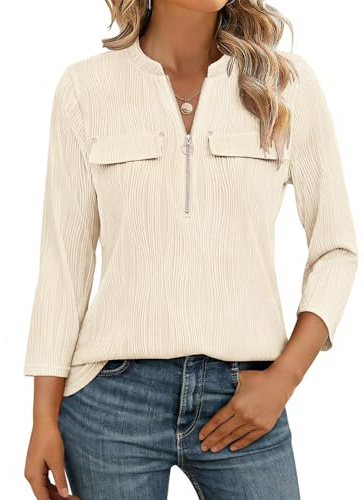 Gemulate Womens Zip Blouses 3/4 Sleeve Tops Ladies V Neck Shirts | Plain Color Casual Office Work Tunic S-XXL