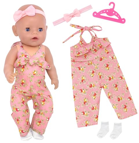 4 PCS Doll Clothes for 14-18 Inch Newborn Baby Doll, 1 Rose Halter Neck Bodysuit 1 Headband 1 Socks 1 Hanger, Beautiful Summer Reborn Baby Dolls Clothes Accessories Birthday for Girls