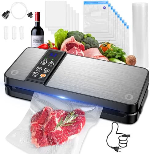 Envasadora al Vacio Domestica,80KPA Domestica 8-en-1 Maquina Envasar al Vacío Profesional Modos de Alimentos Seco y húmedos,cortador de pasta incorporado,10 bolsas de envasado al vacío (Plateado)