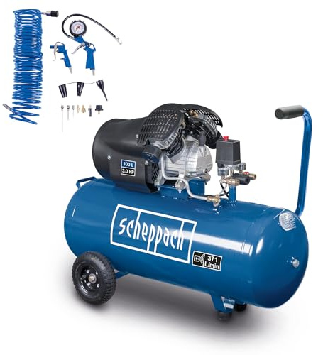 Scheppach Compresseur d’air HC120DC – 230V – 2200 W/3,0 PS – 10 bar – Compresseur 100L – Débit d’aspiration 371L/min – Double cylindre (Avec 14 accessoires inclus)