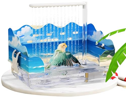 LICAEVEY Baño Automático para Pájaros Alimentado por USB, Caja de Ducha para Loros Colgante sin Fugas con Bomba de Filtro, Bañera Grande para Jaula de Agapornis Cacatúa Gris (Bañera Ocean World)