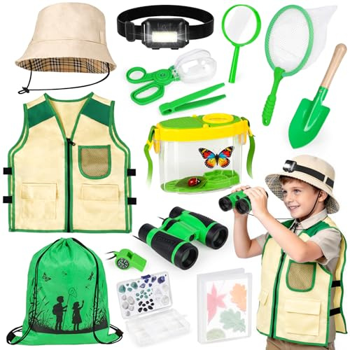 Meaicezli Kit esploratore per bambini e cattura insetti, costume safari con attrezzatura da trekking per bambini, binocolo, faro, habitat per insetti, esplorazione all'aperto per campeggio, avventura