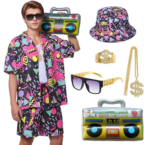 Crittygo Déguisement Année 80 Homme Femme, Costume Annee 80 Rétro Manches Courtes et Shorts avec Le Chapeau Accessoires Disco, Costume Hip-Hop Années 80 Survêtement pour Carnaval Disco Soirée
