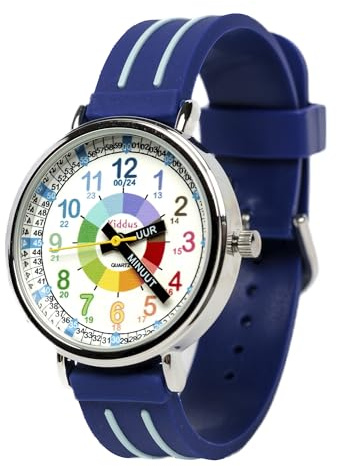Kiddus Orologio Educativo per Bambini, Ragazze. Da Polso, Analogico. Con Esercizi per Imparare a Leggere l’Ora. Facilità di Lettura. Movimento al Quarzo Giapponese. Olandese Blu