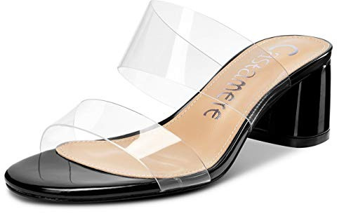 Castamere Escarpins Femme Bout Ouvert Slingback Sandales Transparent Bloc Talon 5CM Noir Chaussures EU 43.5