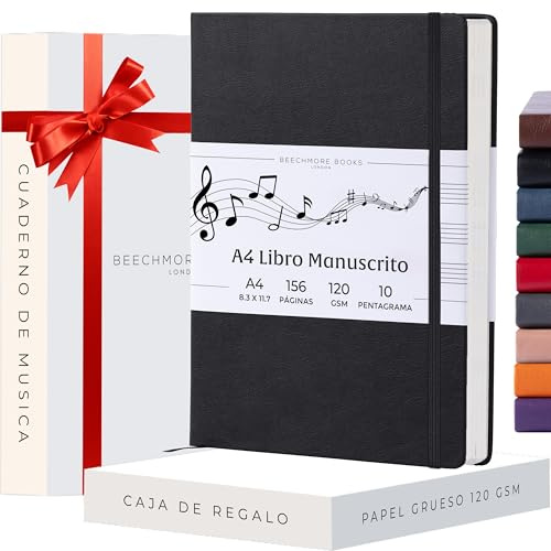 Beechmore Books Blank Sheet Music Notebook – A4 8.5”x11.5” for Songwriters, Musicians & Composers,156 Thick 120gsm Pages,10-Staff Perforated Sheets, Vegan Leather Hardcover, Elastic Closure, Gift Box