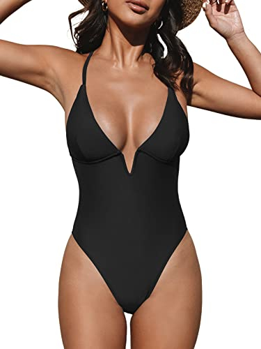 CUPSHE Damen Badeanzug V Ausschnitt Tiefer Rückenausschnitt Crossback Figurformend Einteilige Bademode Swimsuit Schwarz S