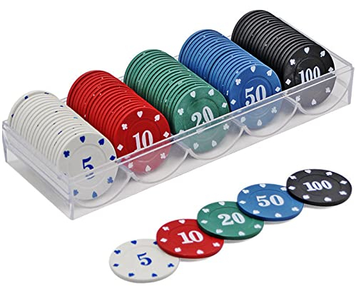 KAYSENSUK Poker Chips Set 100 Stück 3.8cm Professionelle Plastik Pokerchips mit Werten 5,10,20,50,100 für Casino Spiele, Texas Holdem, Roulette, Blackjack und Home Poker in Transparenter PVC Box