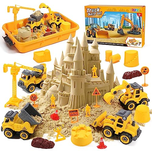 FRUSE Magic Toy Sand Für Kinder,Magic Spielsand Koffer mit Sand,4 Baufahrzeuge,4 Sandformen, Spielsand Baukasten,Sensorisch Sandspielzeug Spielsand für Jungen Mädchen Alter 3 4 5 6 7+ Jahre Alt