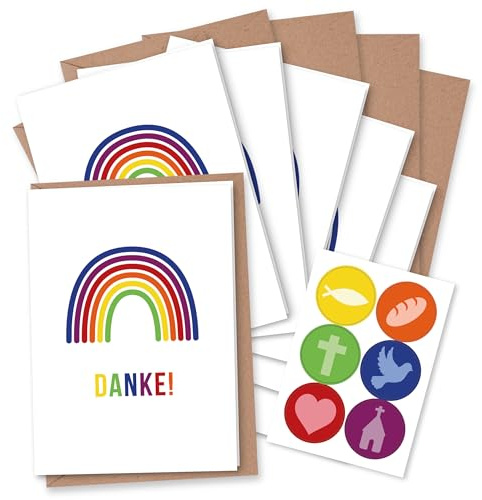 Papierdrachen 6 tarjetas de agradecimiento para fiestas cristianas como bautizo, comunión, confirmación, confirmación, diseño de arco iris, tarjetas plegables con sobre y pegatinas a juego, DIN A6,