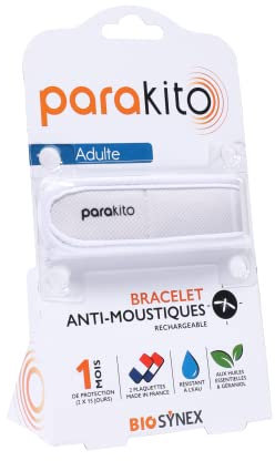 PARAKITO - Bracelet Anti-Moustiques Réutilisable - 2 Plaquettes Incluses aux Huiles Essentielles - 1 Mois de Protection - Sans DEET - Coloris Blanc - Taille Adulte