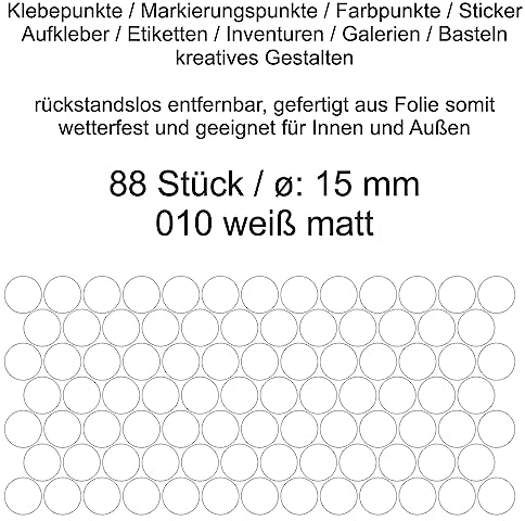 Aufkleber Etiketten Klebepunkte aus Folie 88 Stück weiß matt rund 15 mm selbstklebend farbig wetterfest Decal Markierungen Organisieren DIY basteln verzieren Modellbau Scrapbooking