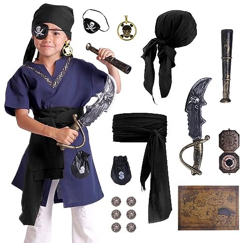 CoolChange Costume de pirate pour enfant avec foulard, écharpe de pirate, cache-œil, sabre, jumelles, boussole et carte au trésor, noir, rouge, bordeaux, Noir , taille unique