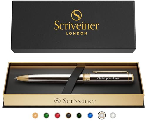 Scriveiner Stylo bille personnalisé en chrome argenté - Stylo de luxe exceptionnel, recharge en encre Schmidt, meilleur cadeau gravé pour hommes et femmes, gravure personnalisée du nom.