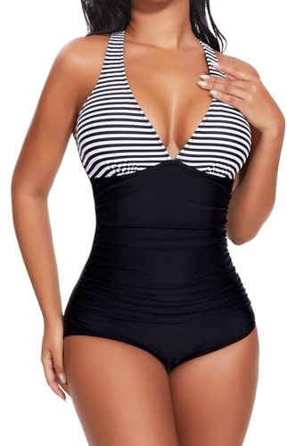 SHAPERIN Baddräkt för kvinnor, V-ringad magkontroll, formande baddräkt, sexig, monokini, rygglös, badmode, badkläder i ett stycke, bodysuit, #2 randig, S