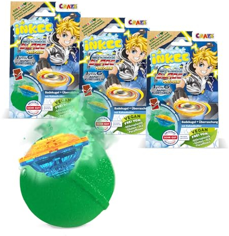 INKEE Surprise Blade Toupie de combat - 3x Boules de bain avec Surprise à l'intérieur - 3 mini toupies de combat BLADE - Boules de bain 3x 100g Parfum Chocolat et beurre de cacao, rouge et vert