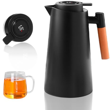 Sporgo Edelstahl Thermoskanne 1L: Kaffeekanne mit Anzeige Temperatur, Isolierkanne Auslaufsichere Kaffeekaraffe Thermosflasche für Kaffee & Tee, Schwarz