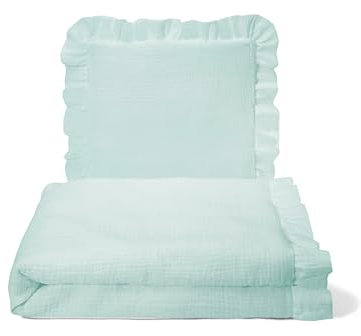 balbina Bettdecken-Set aus Musselin, 2-teiliges Set für Kinder, Atmungsaktiv & Maschinenwaschbar, mit Füllung, 80 x 80 cm Babydecke mit 35 x 40 cm Kissen, Salbeigrün
