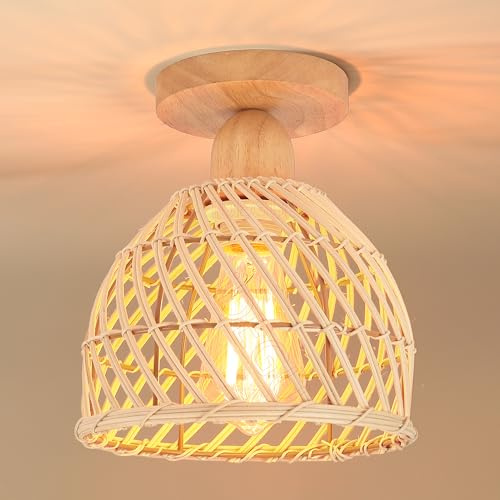 iDEGU Retro Plafoniera in Bambù e Legno Lampadario Boho E27 Lampada da Paralume Design Gabbia Lampada a Sospensione Vintage LED Illuminazione da Soffitto per Cameretta Soggiorno Corridoio (20cm)