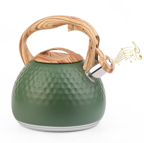 Sampoes Bollitore Acqua con Fischio 3L, Bollitore Induzione in Acciaio Inox, Bollitore a Fischio con Manico in Legno, Bollitore Acciaio per Tè e Caffè, Bollitore per Tutti i Piani Cottura