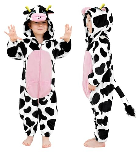 LOLANTA Unisex babykodräkt, djurdräkt med huva för barn, flanellunionskostym, ko, 4-5 år