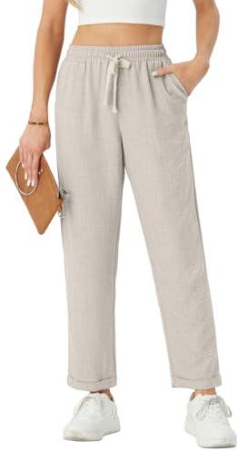 PrinStory Womens Lightweight Straight Leg Trousers Elasticated Waist Summer Trousers Drawstring Ladies Pants With Pockets