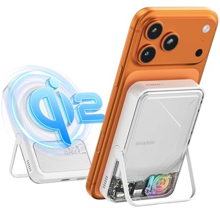 sharge ICEMAG 2 MagSafe Power Bank, 15W Qi2 Magnetic Portable Charger with Active Cooling 10000mAh(5000mAh*2) Battery Pack with Foldable Stand Transparent, Design for iPhone 17/16/15/14 Series