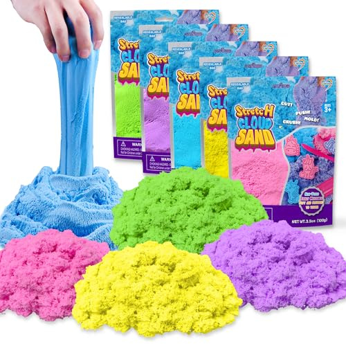 Carolart Fluffy Stretch Sand Kit for Kids, 5 Pack Sensory Play Sand in 5 Colors, Moldable Mess-Free Sand for Sensory Bin, Non-Sticky Art Supplies for Girls Boys Age 3+, Great Travel Toy